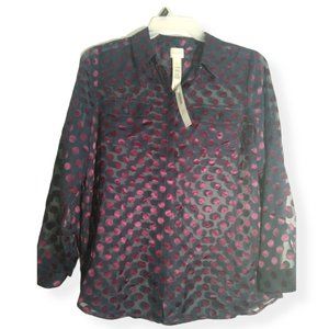 Chico's Polka Dot Navy Blue and Burgundy Sheer Blouse Size M NWT